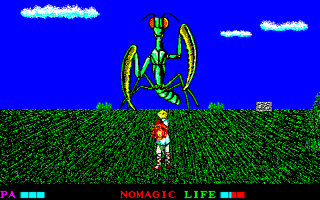 Argo (PC-88) screenshot: One of the bigger monsters with a separate battle screen