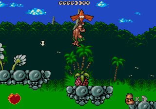 Chuck Rock (Genesis) screenshot: Use bird to lift you along