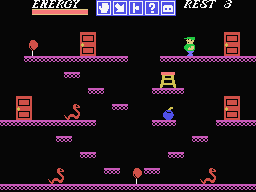 Happy Fret (MSX) screenshot: Starting location. Watch out for the poisonous snakes and the vampire bats and do not touch the balloon. If you do, you will lose a life. Use 'F3' to open the doors.