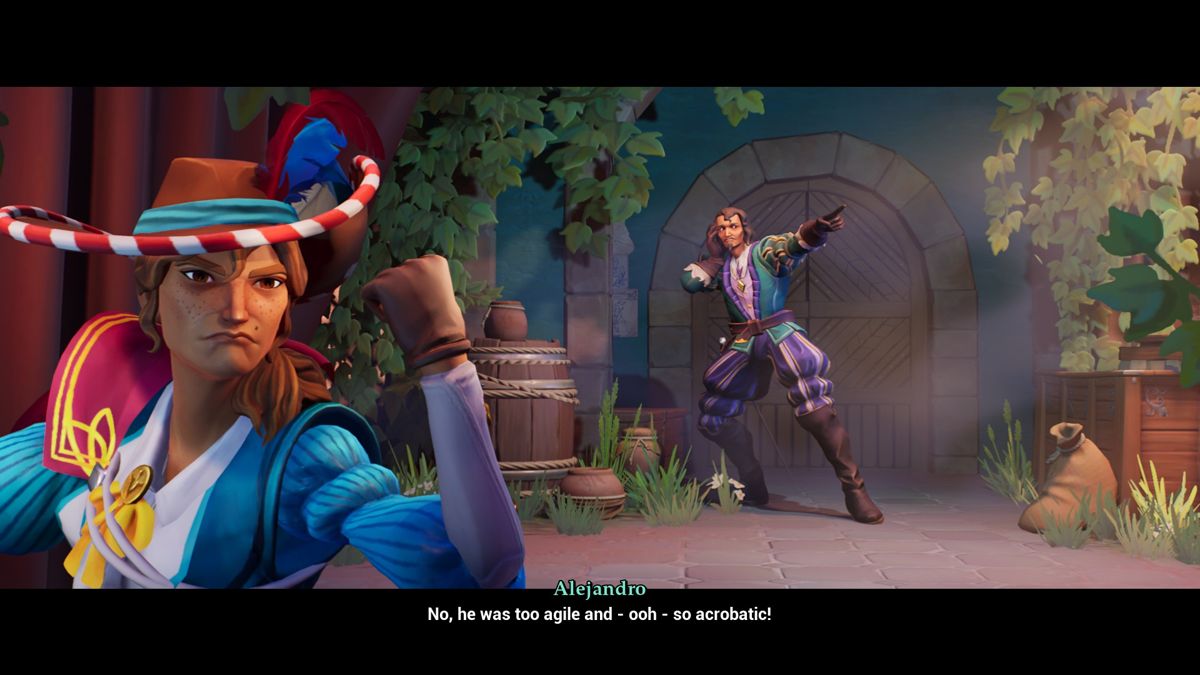 En Garde! (Windows) screenshot: Our hero Adalia and her brother, with opposite reactions to the theft of her rapier