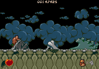 Chuck Rock (Genesis) screenshot: The dinosaur graveyard