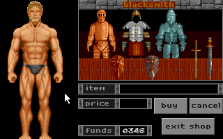 Legends of Valour (DOS) screenshot: Buying equipment from the blacksmith