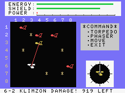 Star Command (MSX) screenshot: Firing phasers at Klimzon vessels.