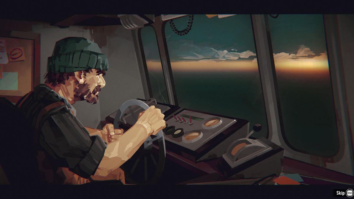 Dredge (Windows) screenshot: The protagonist is introduced in the game's introduction with still images.