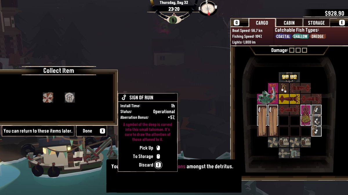 Dredge: Blackstone Key (Windows) screenshot: The second item, Sign of Ruin, improves your chances of catching aberrations of fish.