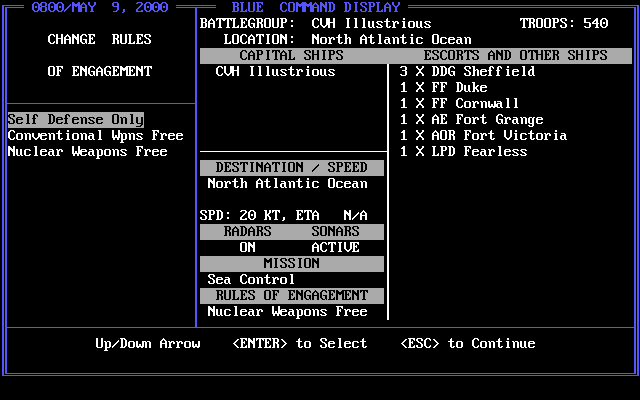 Red Sky at Morning (DOS) screenshot: Setting Battlegroup to Self Defense