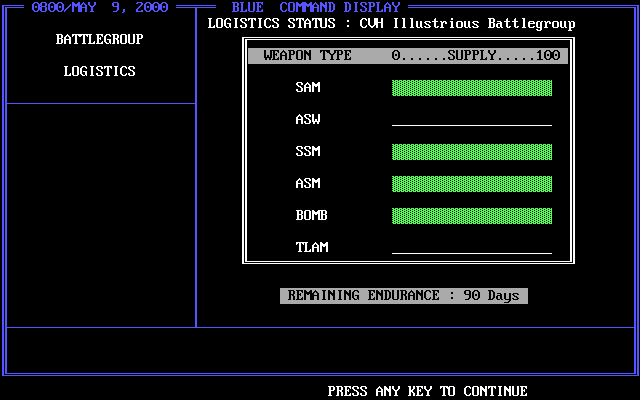 Red Sky at Morning (DOS) screenshot: Checking Battlegroup Logistics