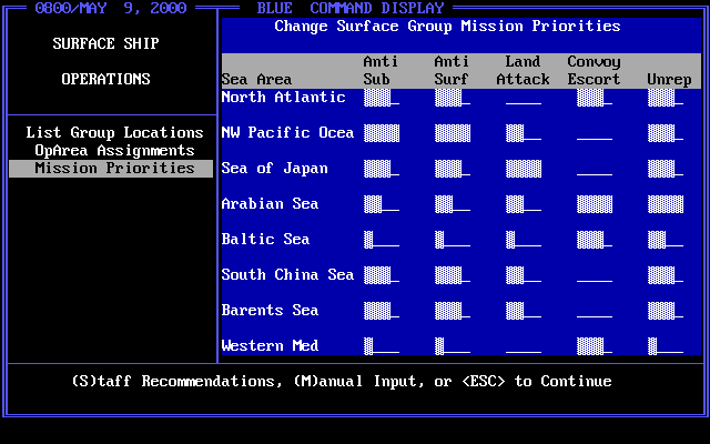 Red Sky at Morning (DOS) screenshot: Setting Surface Group Mission Priorities