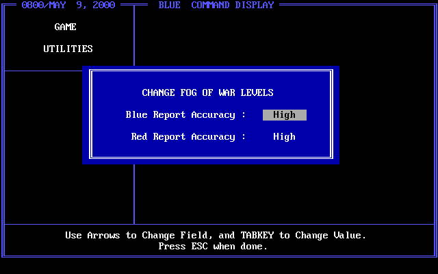 Red Sky at Morning (DOS) screenshot: Setting Fog of War Levels