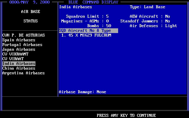 Red Sky at Morning (DOS) screenshot: Airbase Status