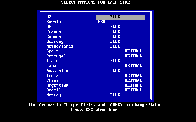 Red Sky at Morning (DOS) screenshot: Selecting Nation Sides