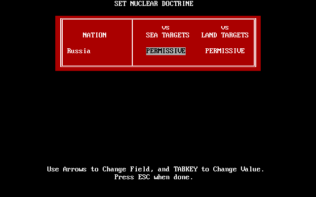 Red Sky at Morning (DOS) screenshot: Setting Nuclear Doctrine
