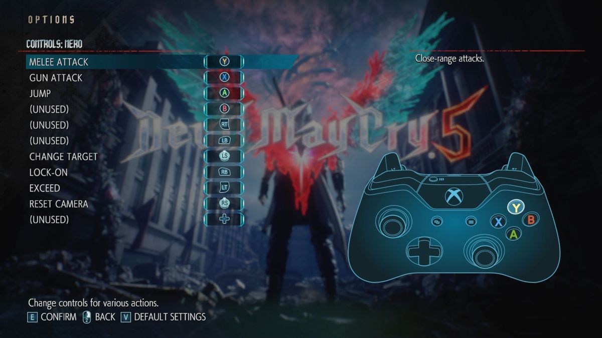 Devil May Cry 5 (Windows) screenshot: The controls option seems to default to a controller