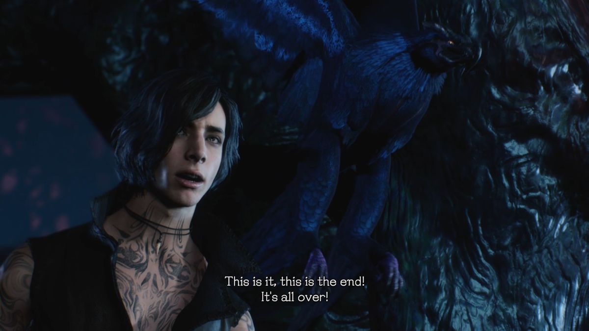 Devil May Cry 5 (Windows) screenshot: This is 'V'. The final battle in the tutorial did not go well