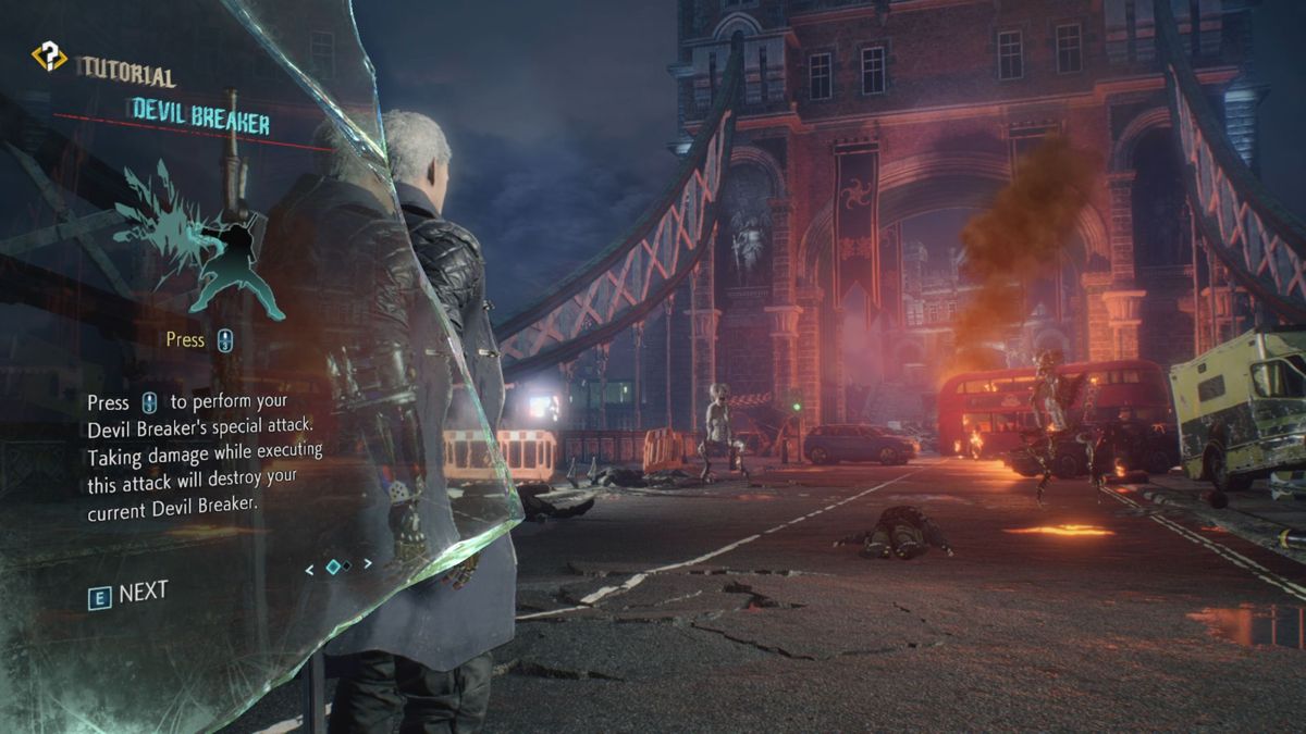 Devil May Cry 5 (Windows) screenshot: There's a tutorial at the start of the main game too. Here my character has a replacement arm which I have to learn how to use
