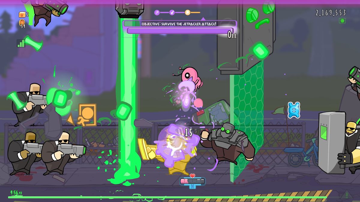 Alien Hominid: Invasion (Windows) screenshot: Things always get a little hectic, but there is no friendly fire.