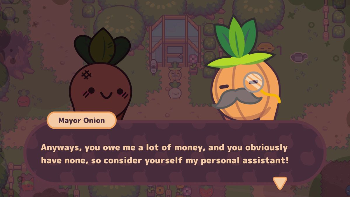 Turnip Boy Commits Tax Evasion (Windows) screenshot: Not only does the mayor take Turnip Boy's greenhouse he starts bossing him around