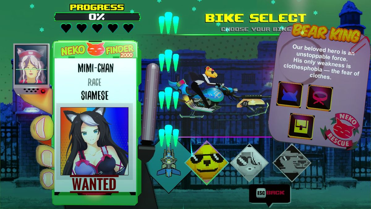 Deep Space Waifu: Nekomimi (Windows) screenshot: Here I select my motorbike. Unlike other games there is just one bike but I can choose a power up. These change from level to level