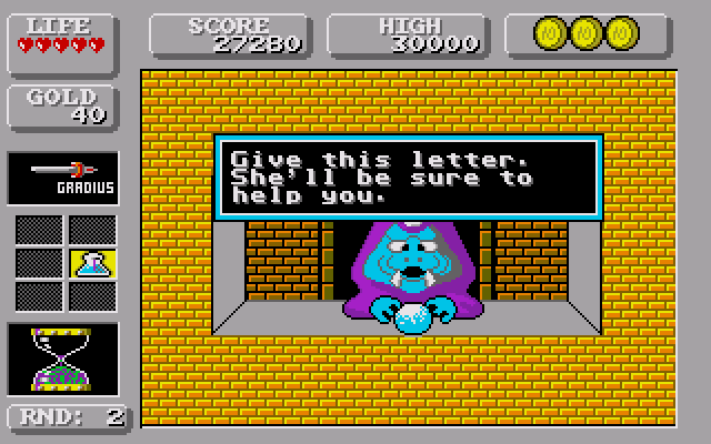 Wonder Boy in Monster Land (Amiga) screenshot: You have to do an errand for this guy