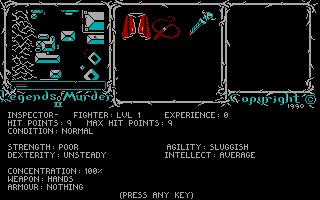 Legends of Murder II: Grey Haven (DOS) screenshot: The Inspector's stats