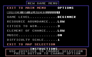 Lords of Conquest (Commodore 64) screenshot: Setting up a game