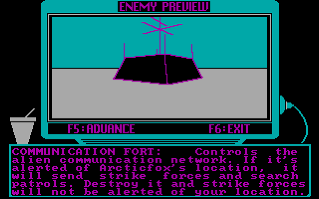 Arcticfox (DOS) screenshot: a preview of the enemies - CGA