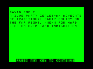 Election Fever! (Dragon 32/64) screenshot: Reviewing Candidates