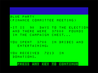 Election Fever! (Dragon 32/64) screenshot: Finance Committee Meeting
