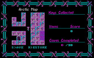 Arctic Adventure (DOS) screenshot: The level select screen from Arctic Adventure part 2
