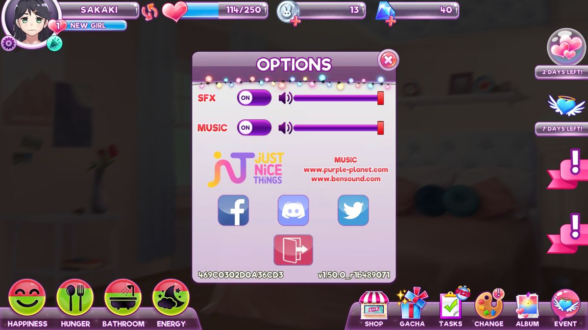 Pocket Waifu (Windows) screenshot: The game's configuration options