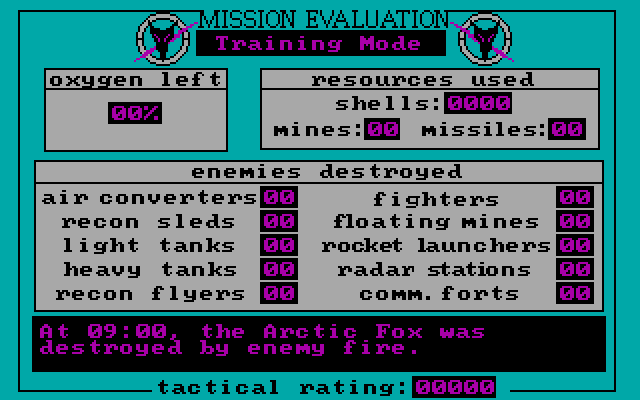 Arcticfox (DOS) screenshot: a mission evaluation - CGA
