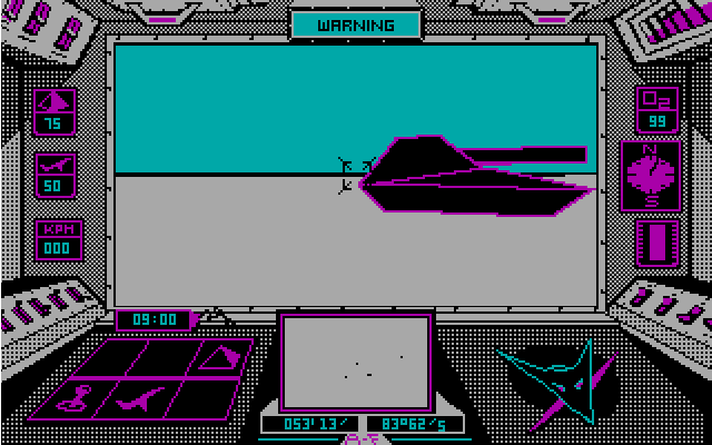 Arcticfox (DOS) screenshot: a close call with a tank - CGA