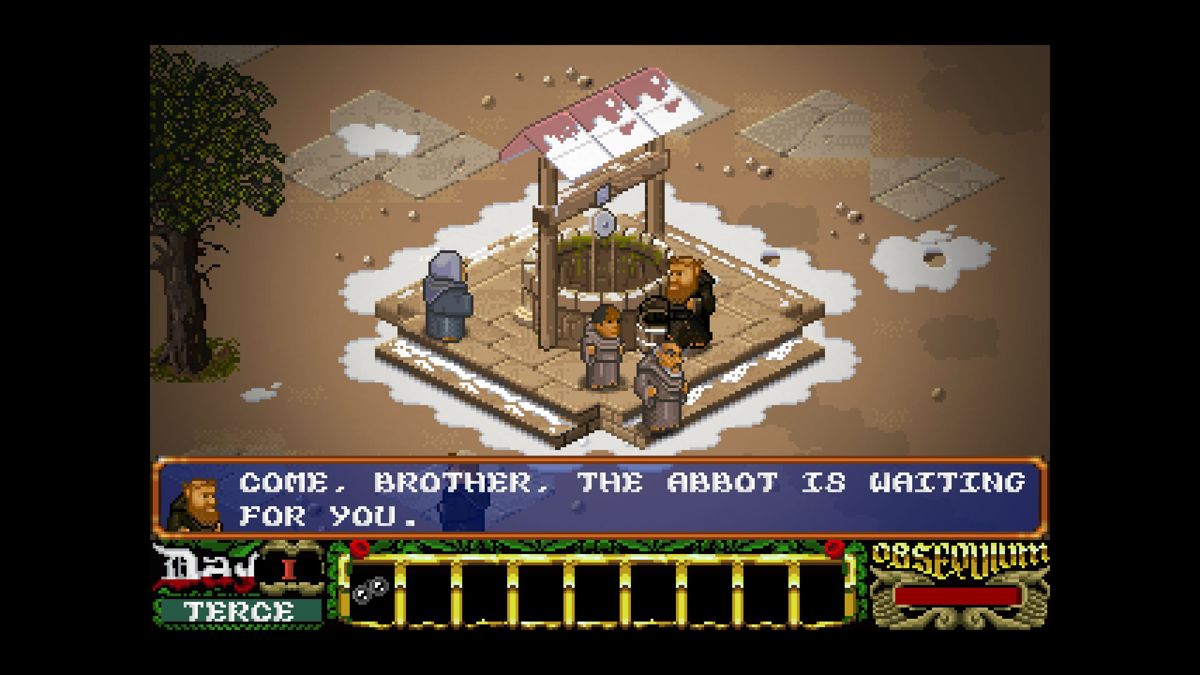 The Abbey of Crime: Extensum (Windows) screenshot: William and his novice, Adso, arrive at the abbey and are greeted by Remigio, the Cellarer. William is the slightly larger grey haired one
