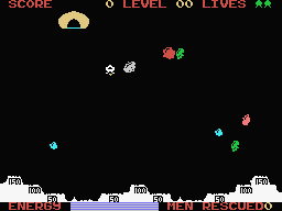 Space Rescue (MSX) screenshot: Start of the game. Down below are nine landing stations each worth between 50 and 150 points. Beware of the meteorites and the space ships who will try to shoot you. (Bytebusters, Eaglesoft release)