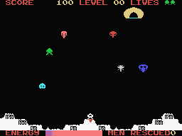 Space Rescue (MSX) screenshot: Upon landing on them (which are destroyed on takeoff), the ship picks up a man and has to be taken back to the mother ship. (Bytebusters, Eaglesoft release)