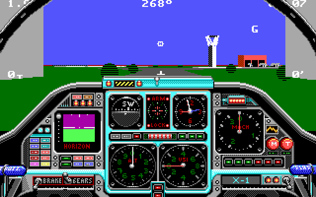 Chuck Yeager's Advanced Flight Trainer 2.0 (DOS) screenshot: lined up for takeoff - EGA 320x200