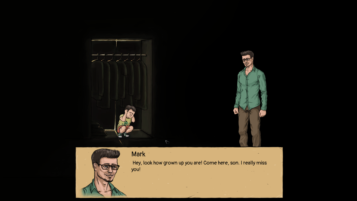 Little Kite (Windows) screenshot: Andrew hides in the closet and sees his father Mark