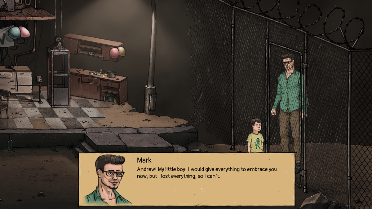Little Kite (Windows) screenshot: Andrew's father Mark is separated by a fence but they can talk