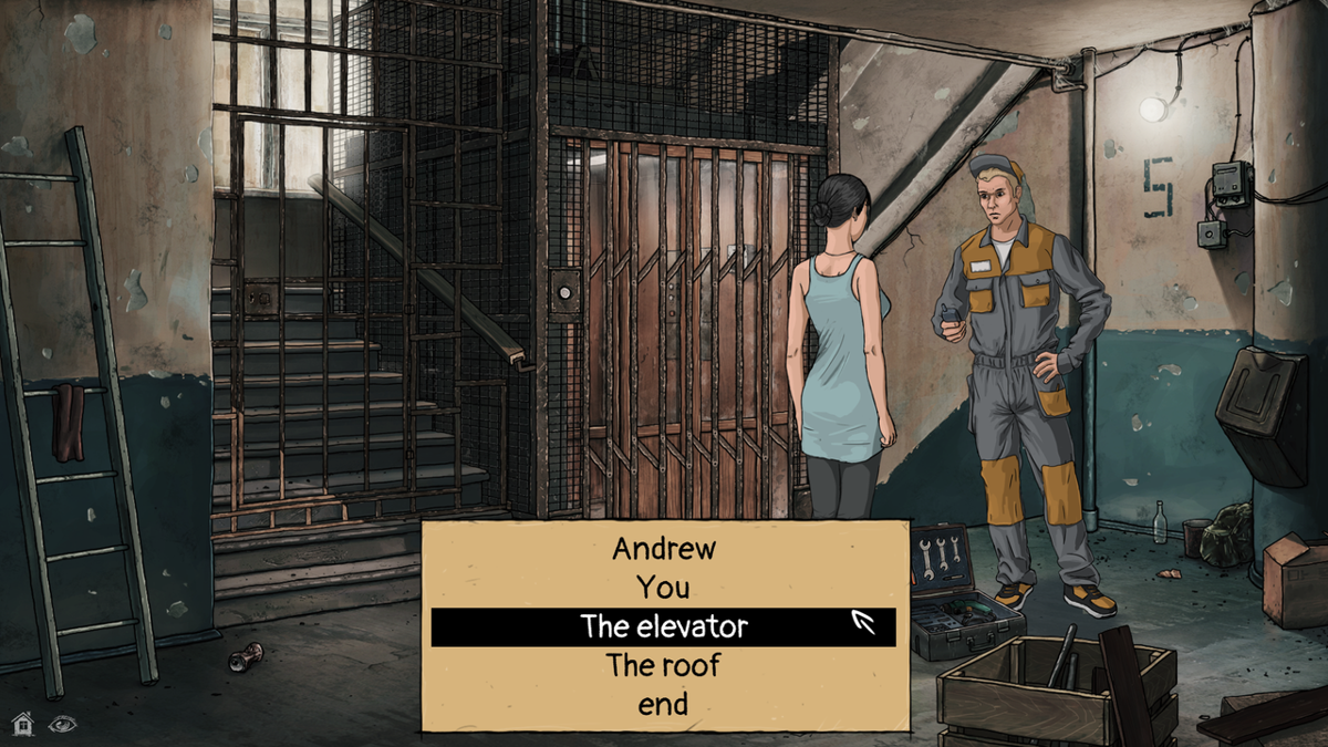 Little Kite (Windows) screenshot: Conversation with the repair man for the elevator