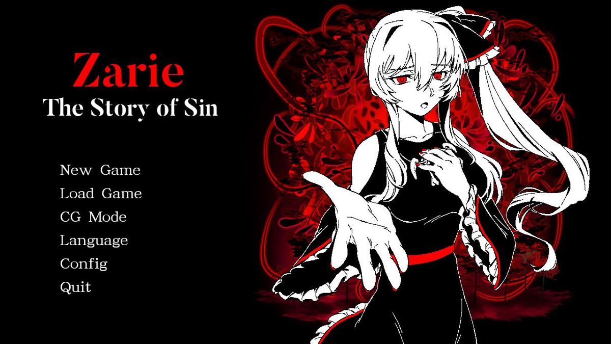 Zarie: The Story of Sin (Windows) screenshot: The game's title screen and menu.