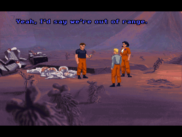 The Dig (Windows) screenshot: Due to the presence of apparent alien technology, the away team soon finds themselves stranded on an unknown planet and well out of range for any communication with the Earth