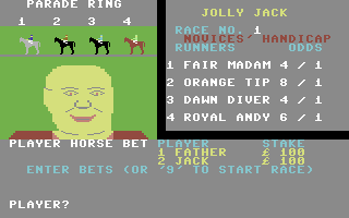 Derby Day (Commodore 64) screenshot: Making your bets with Jolly Jack