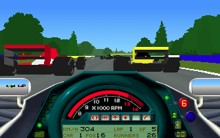 World Circuit (DOS) screenshot: Fierce competition on Monza's forest straight.