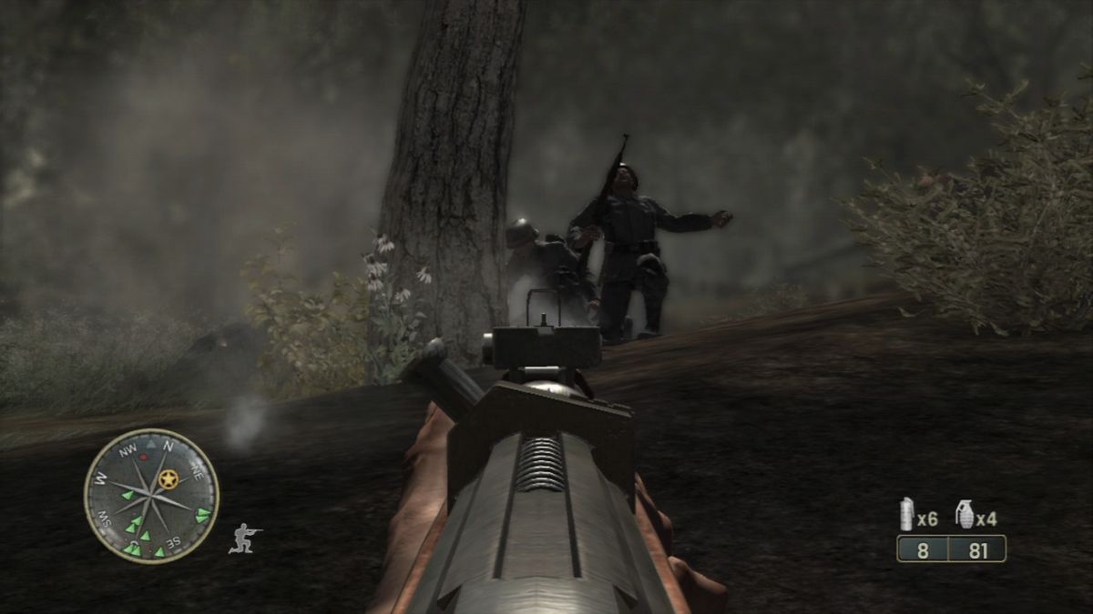 Call of Duty 3 (PlayStation 3) screenshot: FIring at two German riflemen behind the tree