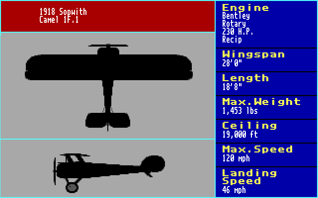 Chuck Yeager's Advanced Flight Trainer 2.0 (DOS) screenshot: learn more about the aircraft - EGA 640x200