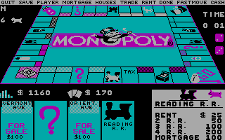 Monopoly (DOS) screenshot: CGA Landing on a property