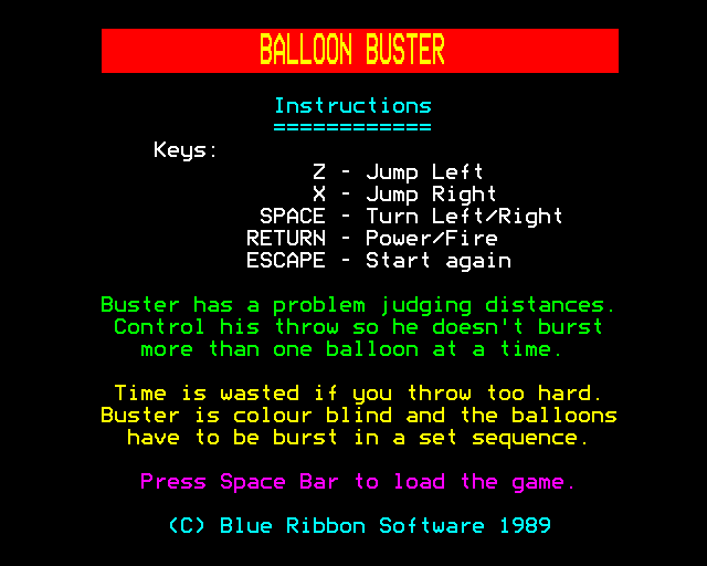 Balloon Buster (BBC Micro) screenshot: Instructions