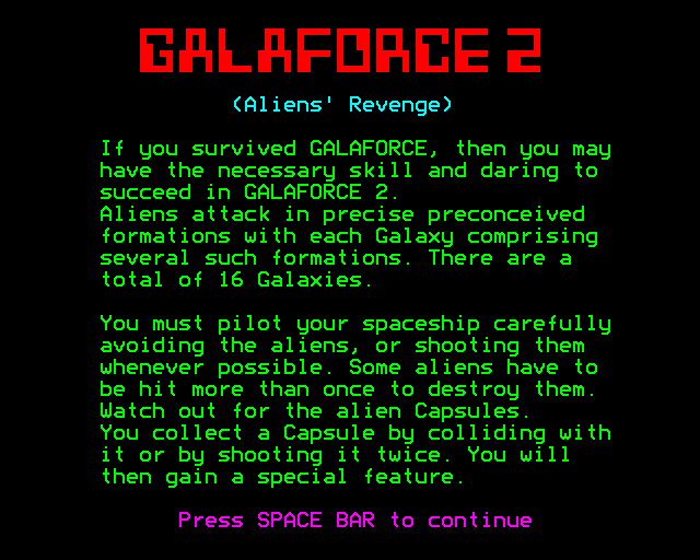 Galaforce 2 (BBC Micro) screenshot: Instructions