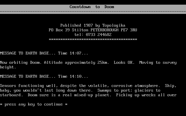 Countdown to Doom (DOS) screenshot: Start screen