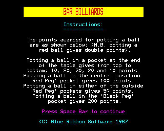 Bar Billiards (BBC Micro) screenshot: Instructions